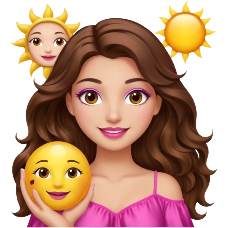 girl with long wavy brown hair, brown eyes, long lashes makeup, sexy pink lips, smiling, light to medium complexion, wearing a pink sexy silk top, holding a big sun emoji