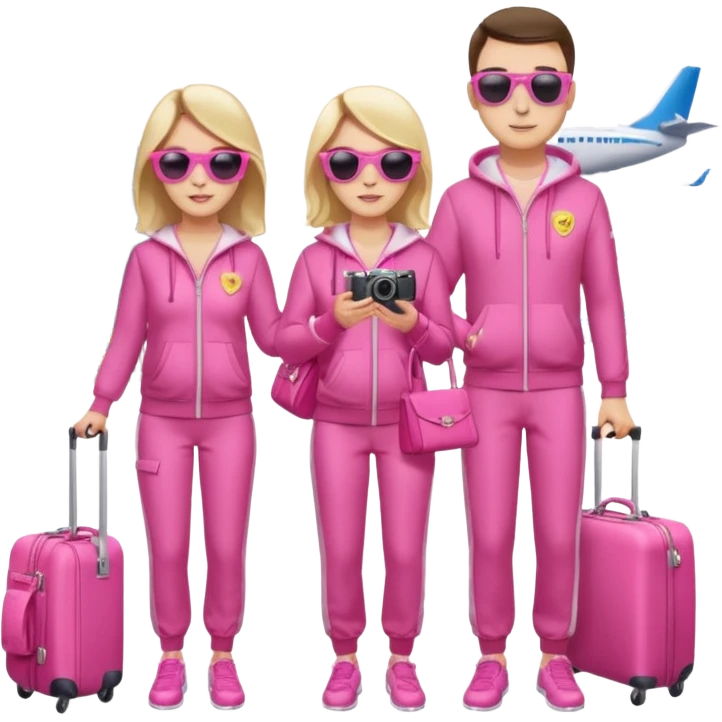 Девушка и мужчина стоят в аэропорту с чемоданами. На фоне самолет в и табло с рейсами. Девушка в спортивном костюме, мужчина тоже в спортивном костюме. Девушка держит дамскую сумку розовую. Мужчина держит фотоаппарат в руке и на нем солнцезащитные очки  emoji