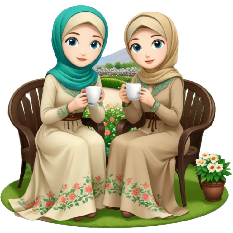 Turkish beautiful finish Konya girls blue eyes with Beautiful beige green floral hijab long tail dress and this two friends sit in a lovely garden on the chair on the ground and holds cup coffe with her hand  emoji