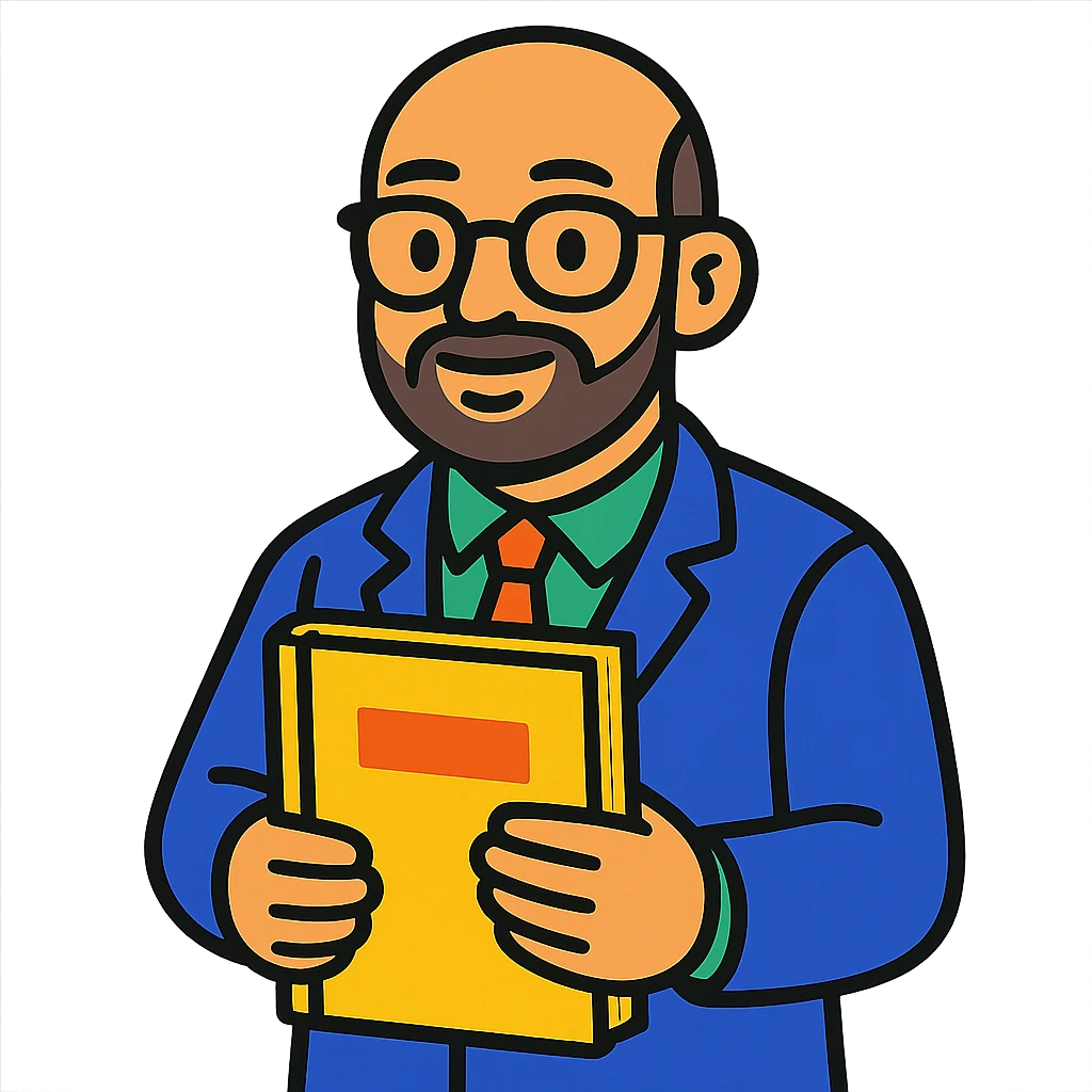 bald teacher with a short beard and glasses holding a book emoji