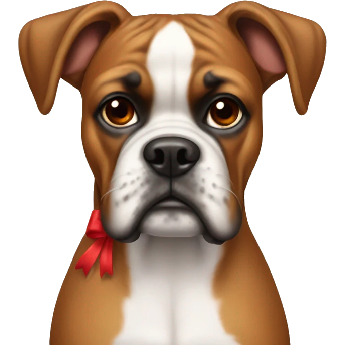 Boxer dog with a red bow on her neck and no bow on her head emoji