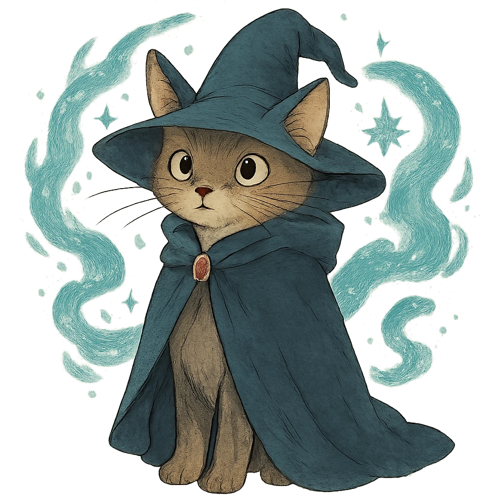 ghibli style wizard cat with a cloak and magical aura emoji