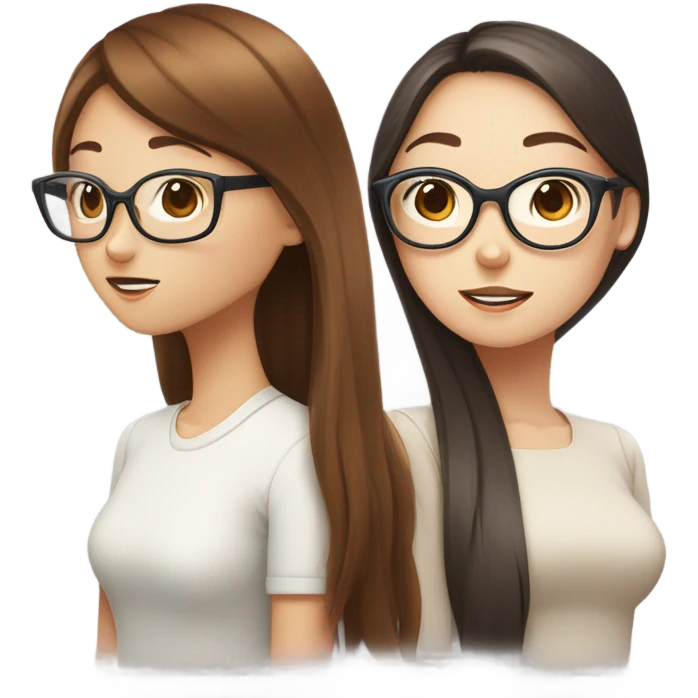 One white girl with straight reddish brown hair gossiping with a korean girl with long straight girl and circle frame glasses emoji