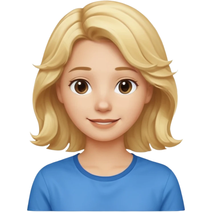 Happy blond girl with light weavy hair with a blue shirt but we can see only her face and neck and the top of the t shirt, no whole body emoji