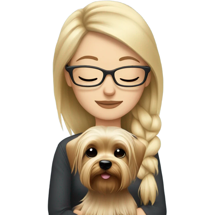 White girl, blonde hair, eyes closed, wearing glasses hugs Yorkshire terrier  emoji