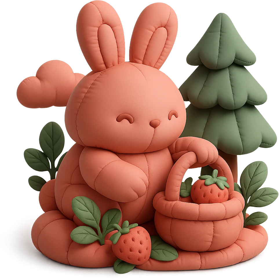 bunny picking strawberries in the woods, sweet pastel red, cushion style emoji