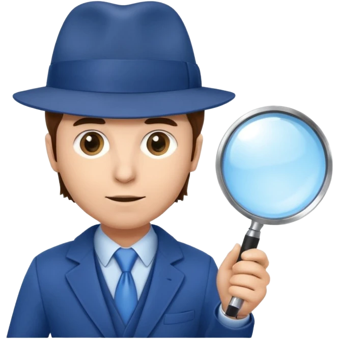 detective in blue suit and blue hat brown hair white skin with big mangifier in his hand looking trough the magifier emoji
