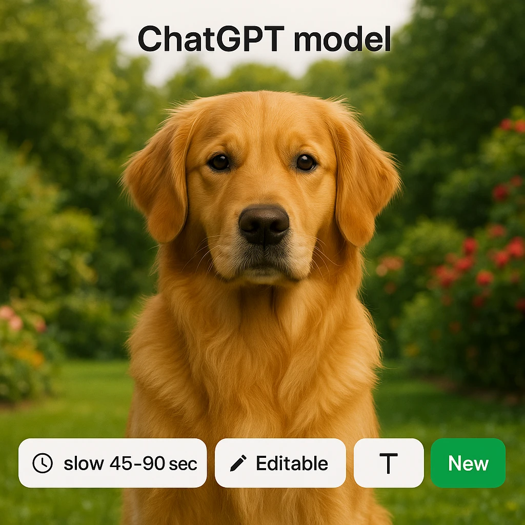 Move the 'ChatGPT model' title to the top and the other tags ('Speed icon: slow 45-90 secs', 'Editable', 'Text generation', 'New') to the bottom. Use a golden retriever in a garden as the background, seamless website style. emoji