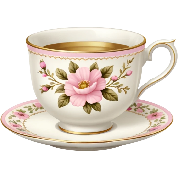 White teacup with baby pink floral antique print with gold accents  emoji