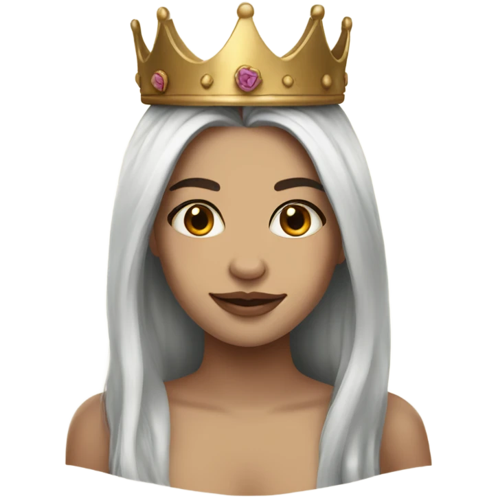 Beautiful girl with white skin, wears a crown and long brown hair and tattoos emoji