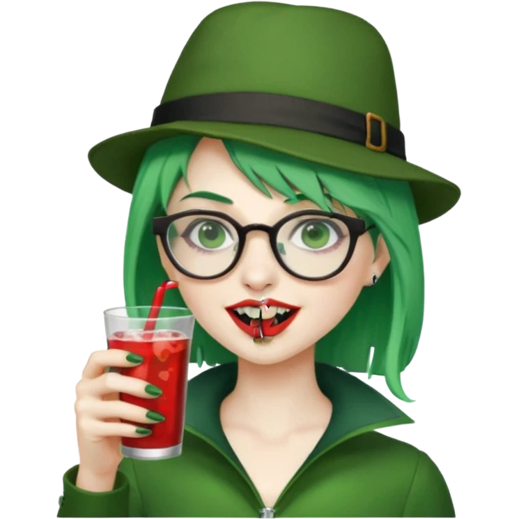 vampire green hair Drink holders with hat, wearing glasses, female,,teeth looks like vampire emoji