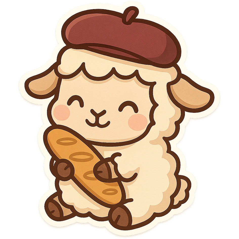 cartoon sheep with a beret and baguette, evoking French charm, chibi stickers style emoji