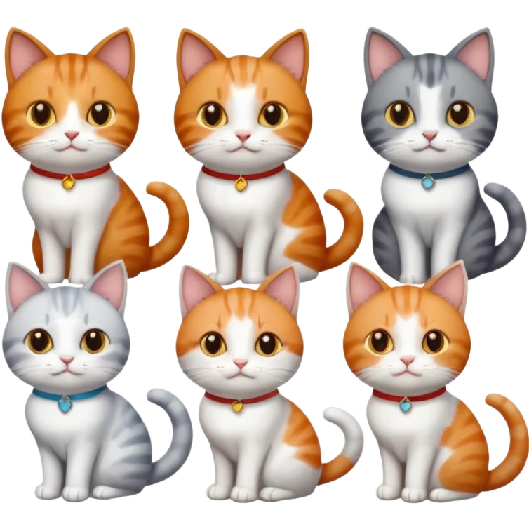 six cats of different colours: 1 small ginger and white, 1 small brown tabby and white, 1 small grey and white, 1 big grey and white, 1 mostly grey with white paws and small white patch on chest and 1 calico emoji