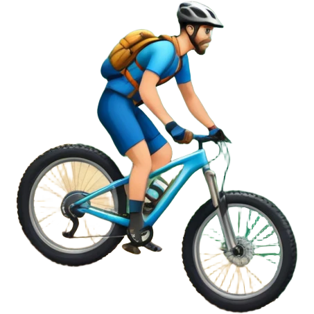 An icon featuring a forest trail or rocky mountain road. The background shows dense trees, steep slopes, and distant peaks under a clear blue sky with mountain bike with wide tires, positioned on  Transparent background highlights the thrill and rugged beauty of mountain biking. emoji