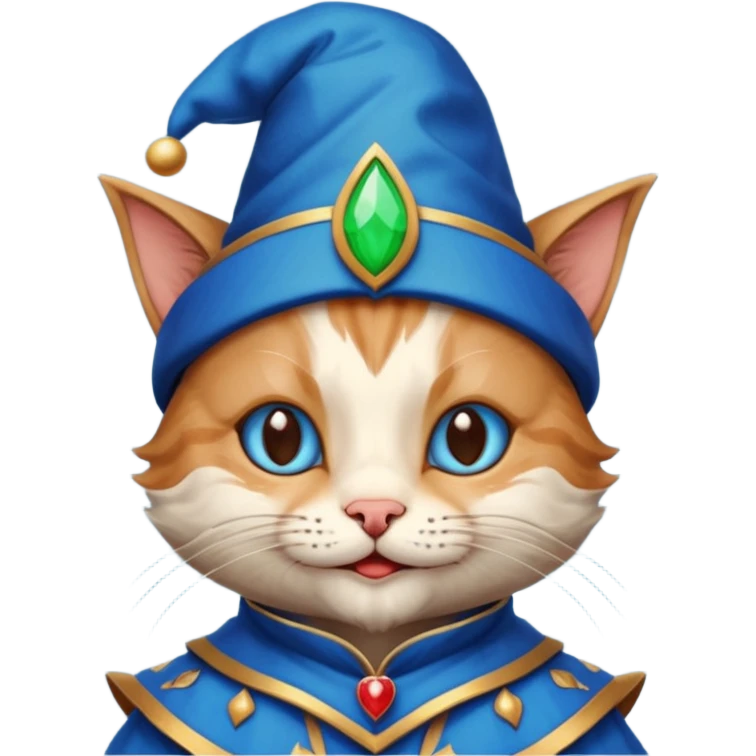 crazy colorful cute little cat jolly joker from poker, medieval, vintage, court jester, mac os icon, blue color, poker cards, mage emoji