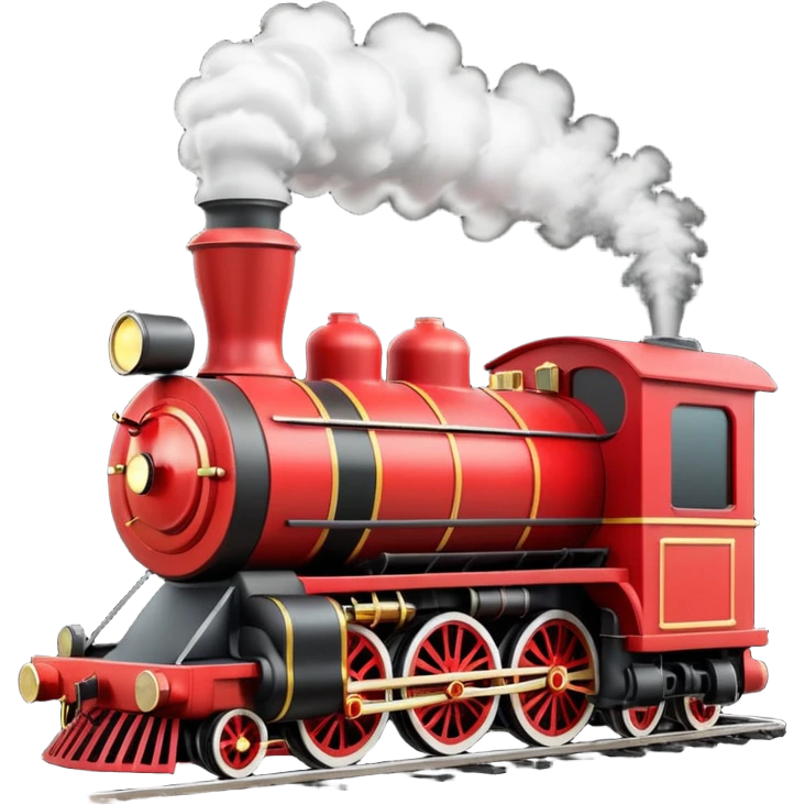 A 3D cartoon classic steam locomotive with a chimney releasing smoke, red and black body, bright sky background, Memoji-style rendering. emoji