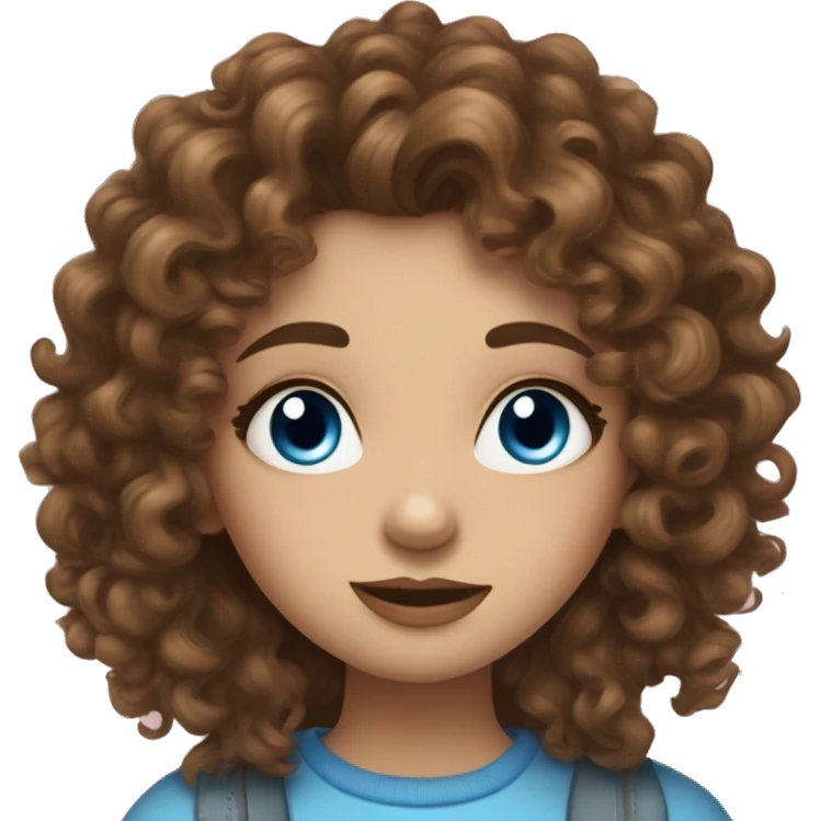 A curly-haired girl with brown hair, fair skin and blue eyes and long eyelashes sends a kiss emoji