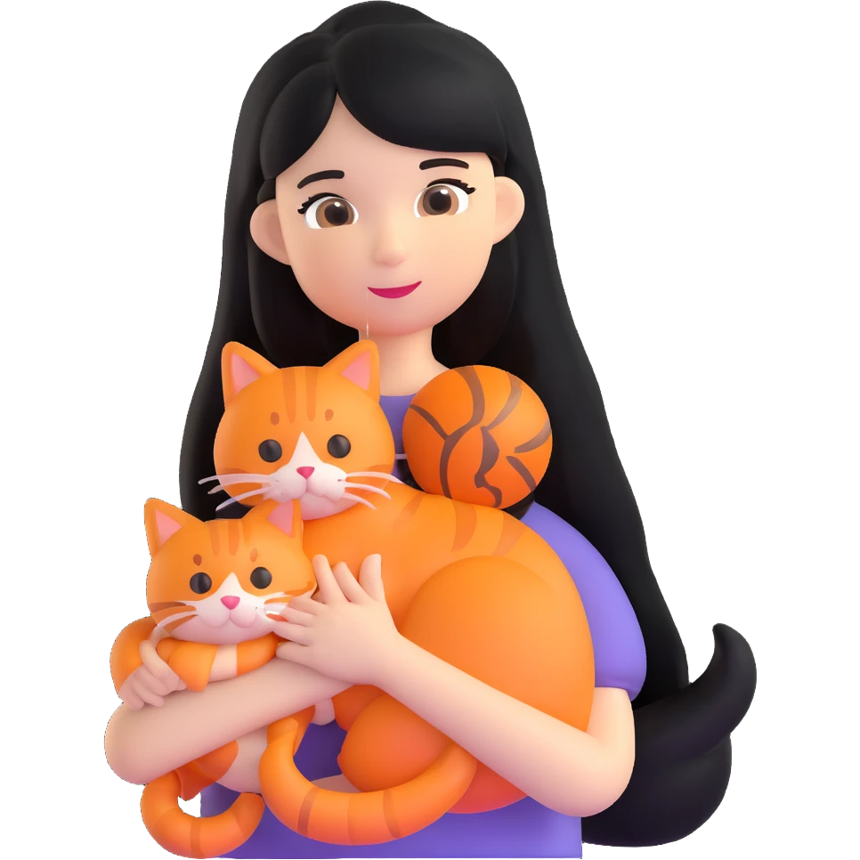 girl with long black hair holding an orange cat emoji