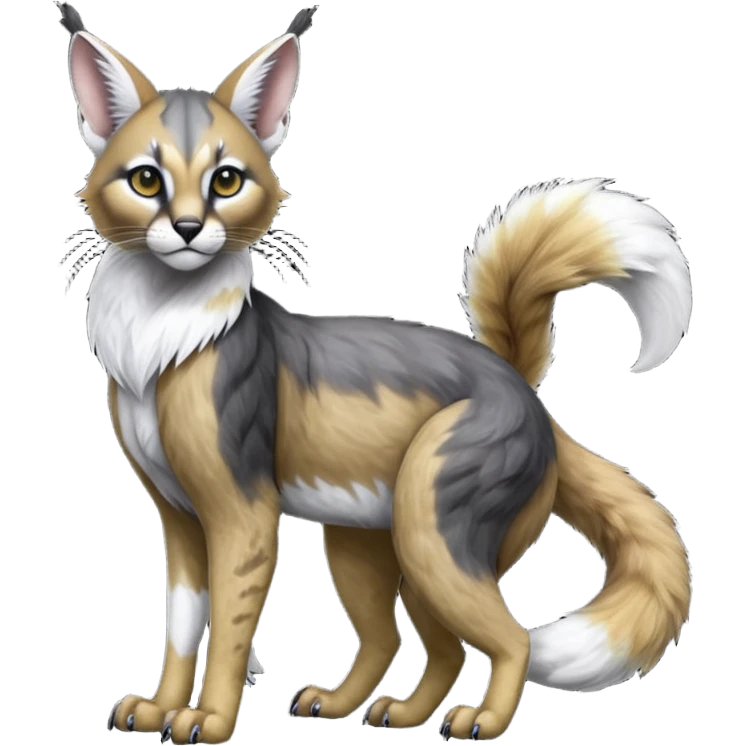 Colorful dark black gloomy spooky pointy foggy smoky points-marked white glorious hyper-realistic exotic cute cool beautiful beautiful fantasy-caracal-civet-genet-sergal-vernid-Gryphon-Cacomistle-Trico-oncilla-animal-Fakémon-hybrid-fursona (full body) emoji
