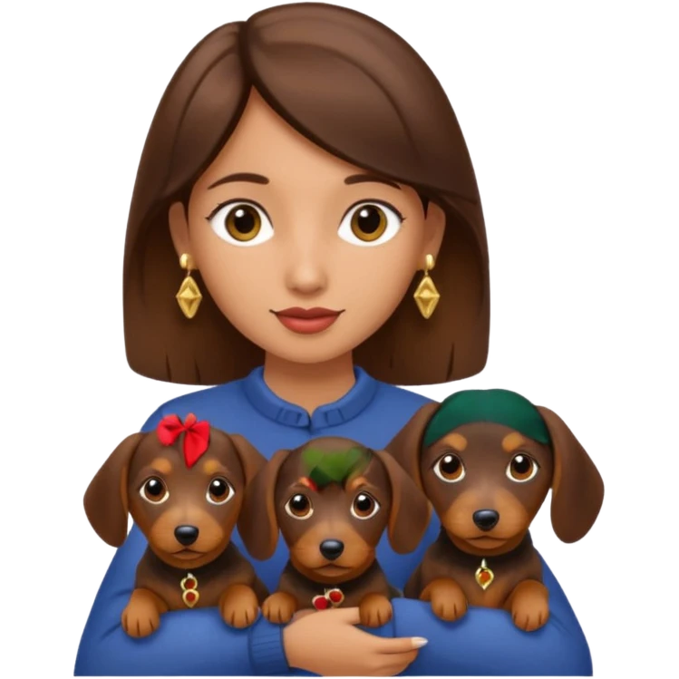 A brunette girl with gold earrings holding 3 small wirehaired dachshunds  emoji