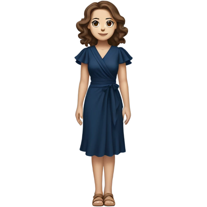 White girl with brown hair dark blue ruffle sleeve wrap dress full body emoji