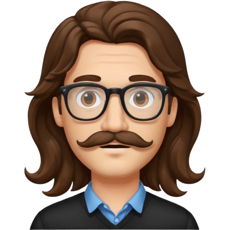 Young with man with long wavey brown hair, glasses and mustache emoji