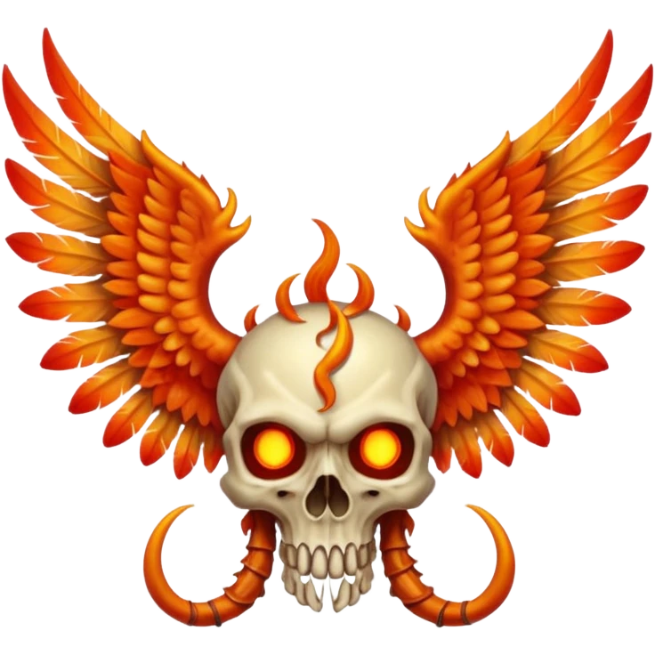 Skeletal skull-faced feathery fiery winged horned creature, full body emoji