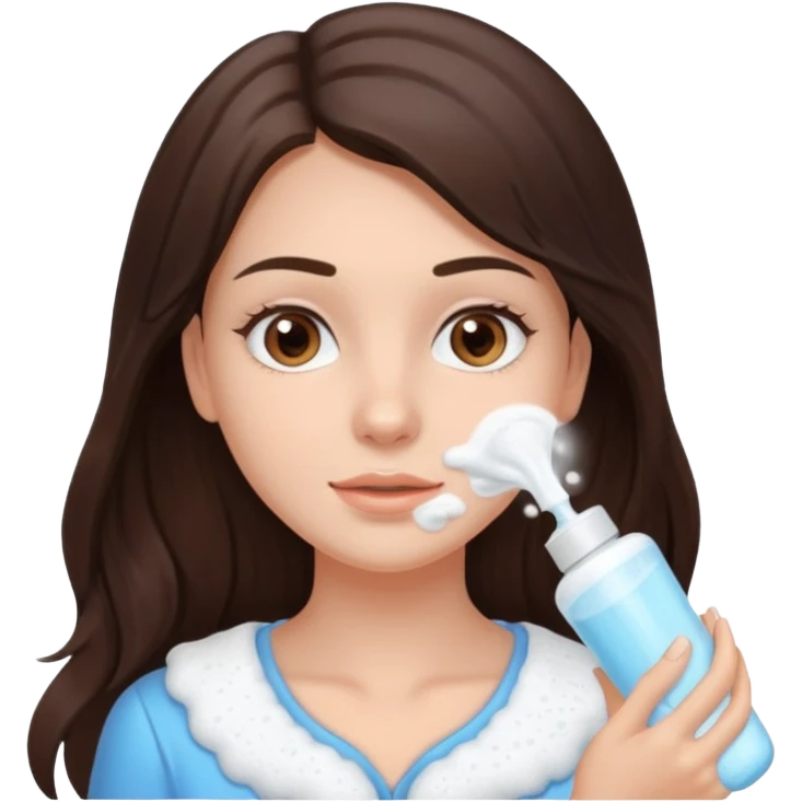 brunette girl with beautiful brown eyes and long hair, using facial cleanser emoji