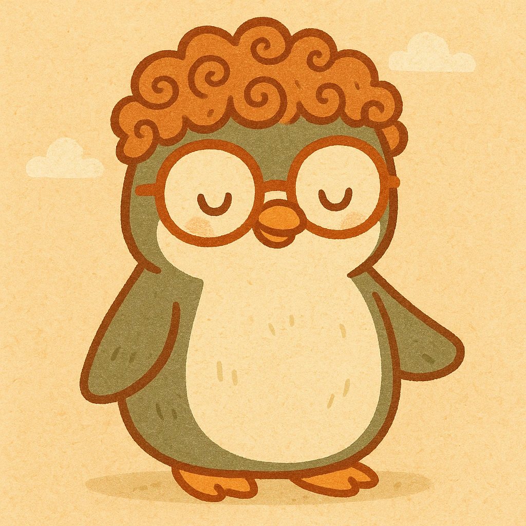 cartoon style penguin with curls, big glasses, and a friendly expression emoji