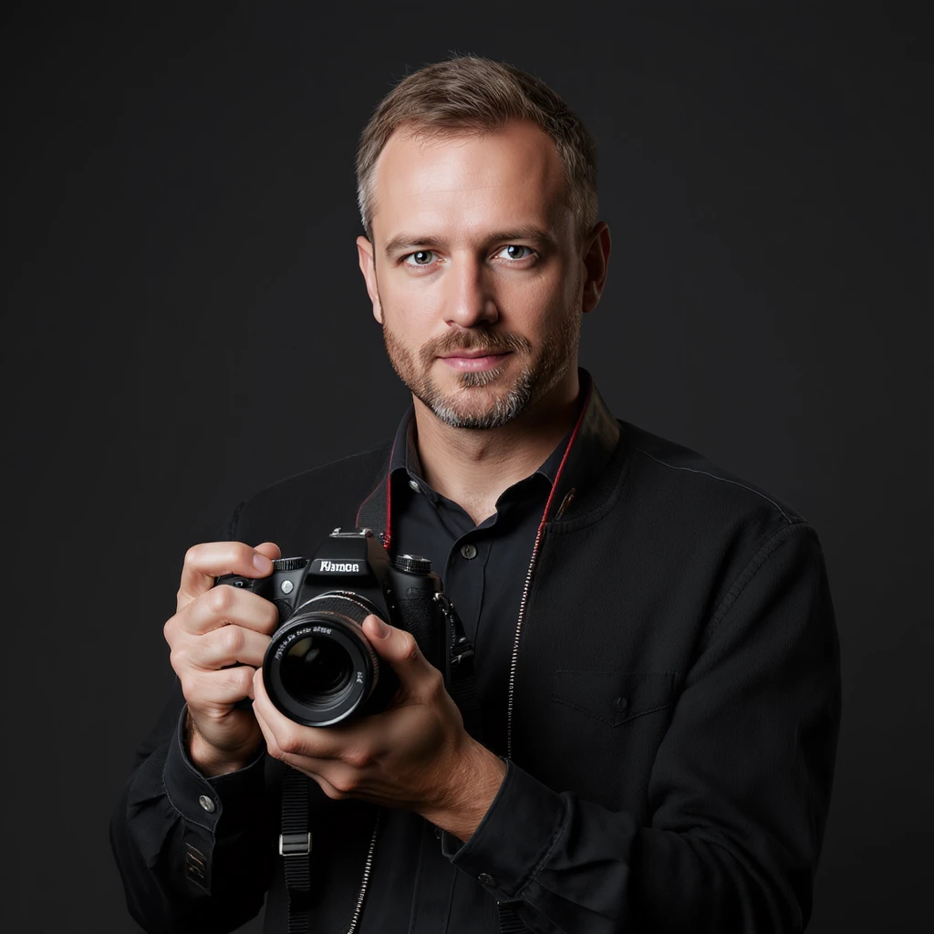 realistic portrait of a photographer posing with camera, studio quality emoji