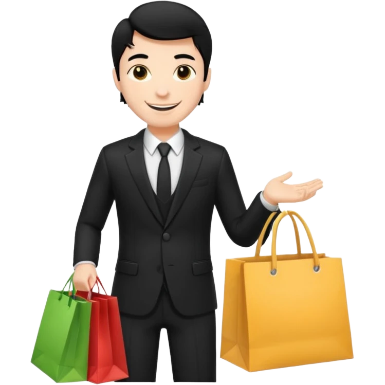 elegant man black hair in a black suit with clothing shopping bag emoji