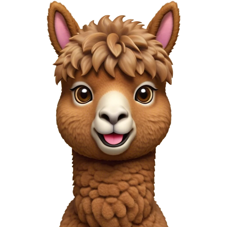 Cinematic Comical Brown Alpaca Portrait Emoji, Head tilted dramatically with an exaggeratedly amused expression, featuring a striking, plush brown fleece with playful texture, wide, expressive warm eyes filled with playful disbelief, Simplified yet hilariously expressive features, highly detailed, glowing with a slightly sassy glow, high shine, dramatic yet playful, stylized with an air of cheeky mischief, bright and endearing, soft glowing outline, capturing the essence of a spirited and over-the-top alpaca, so meme-worthy it feels like it could side-eye its way into internet fame instantly! emoji