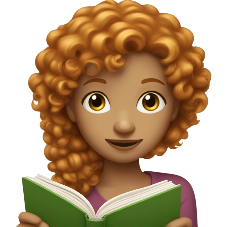 Ginger curly haired girl reading book, green eyed  emoji