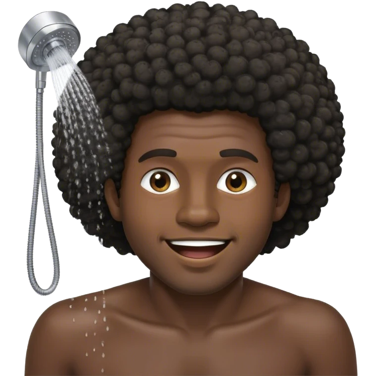 Black guy, black shirt, Afro happy to wash his hair in the shower emoji
