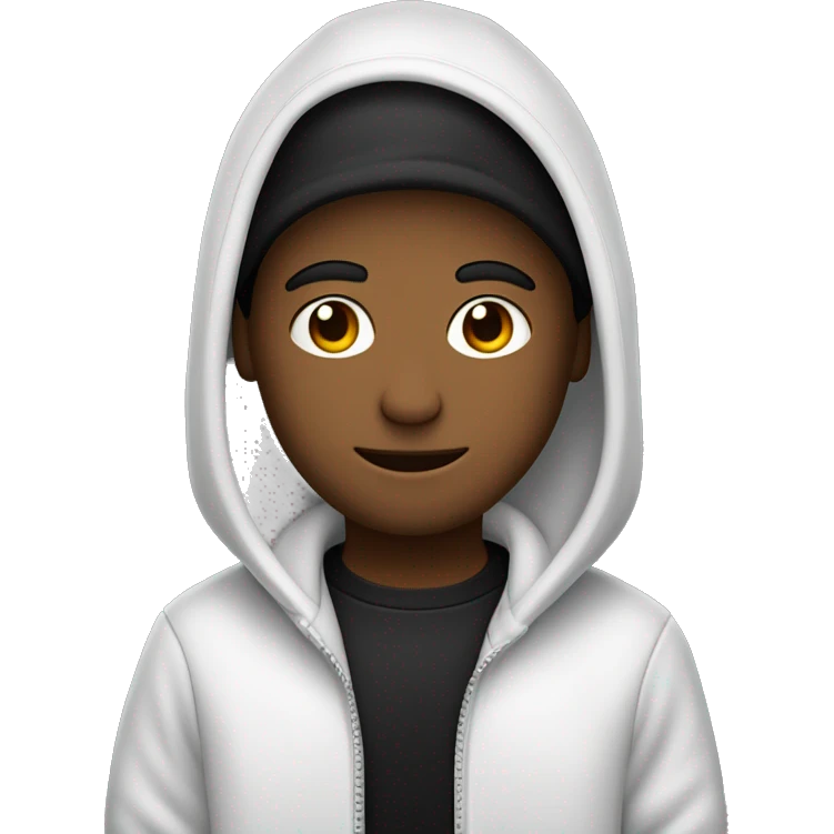 un ragazzo con un cappuccio nero e capelli bianch con uno scalda collo nero porta na felpa nera emoji