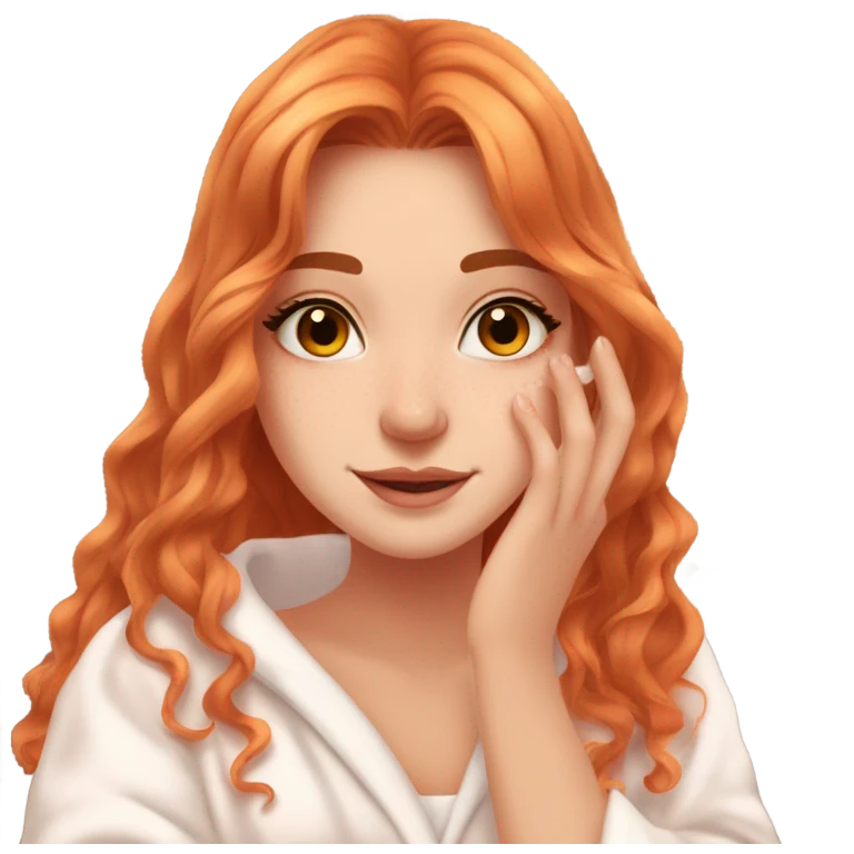 Girl putting cream on face bathroom Long wavy red orange hair orange brown eyes beautiful face thick eyelashes pink lips gorgeous skinny fair skin white aesthetic tall girl doing skincare cozy robe emoji
