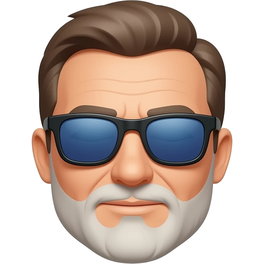 Hombre 63 años pelo marrón con canas gafas de sol cristales azules azules que no se vean  los ojos con montura negra y barba blanca corta emoji