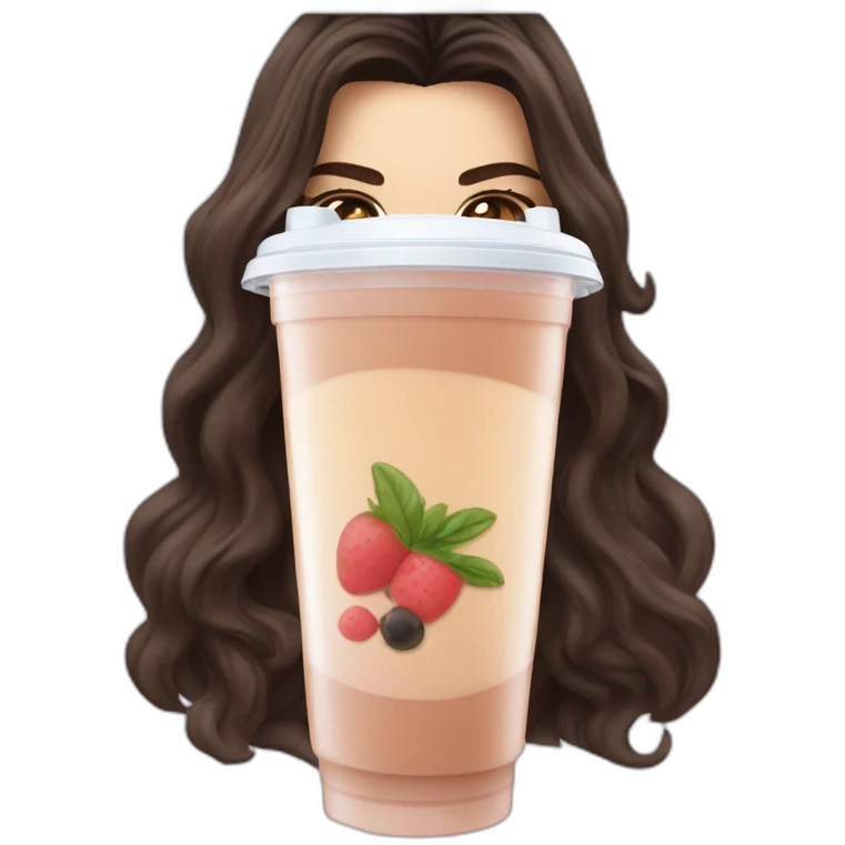brunette Kendall Jenner with long hair holding bubble tea emoji