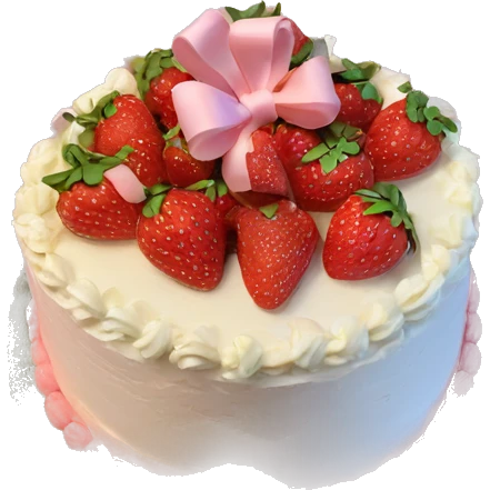 Light Pink strawberries and cream birthday cake with in bow emoji