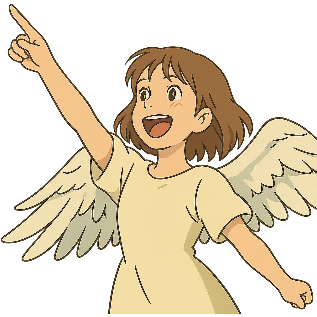 girl with light brown shoulder-length hair and white wings joyfully pointing to the sky emoji