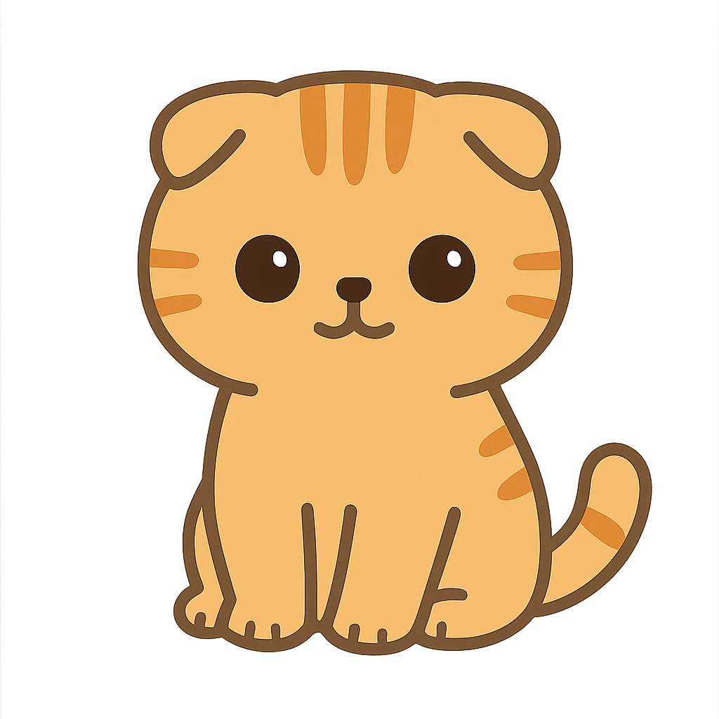 flat toon style kawaiiorange scottish fold kitten sitting, dark round eyes, cute emoji