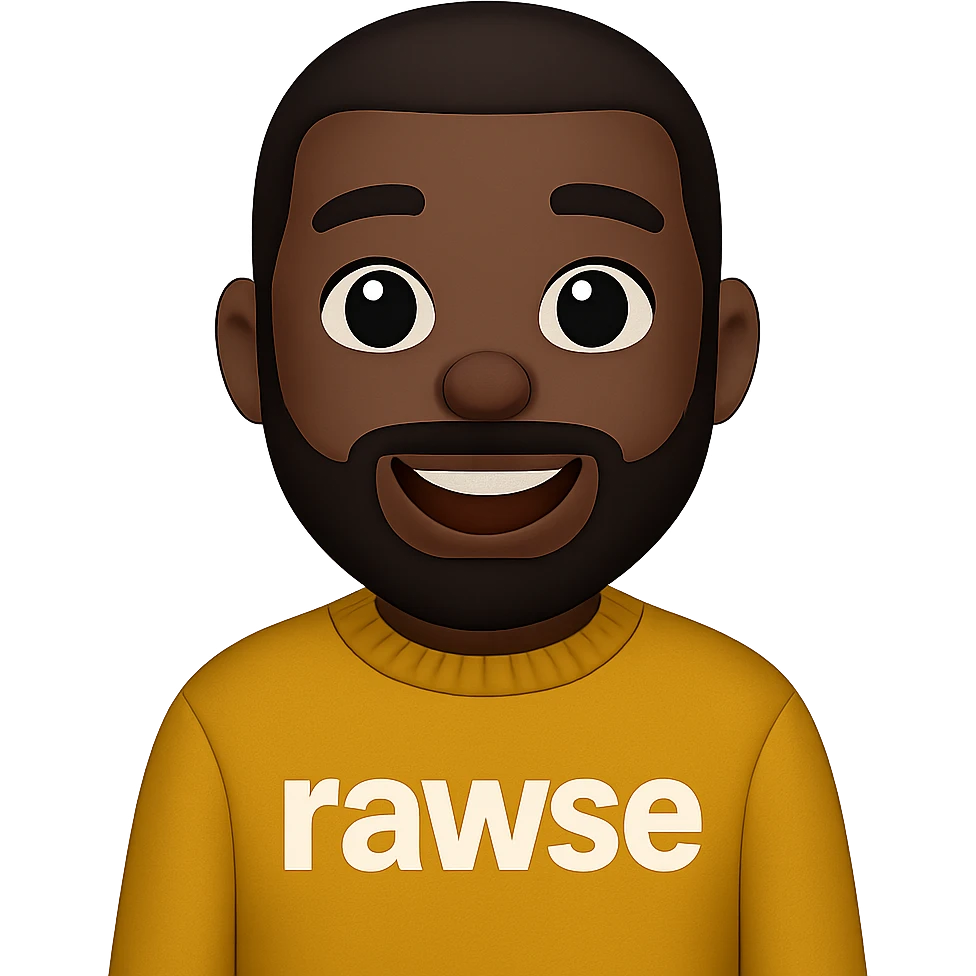 Black person wearing a sweater with the word 'rawse' on it, emoji style emoji