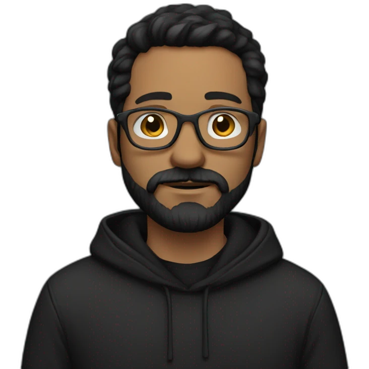 White man dark straight hair, moustache and beard, wearing a black hoodie, glasses emoji