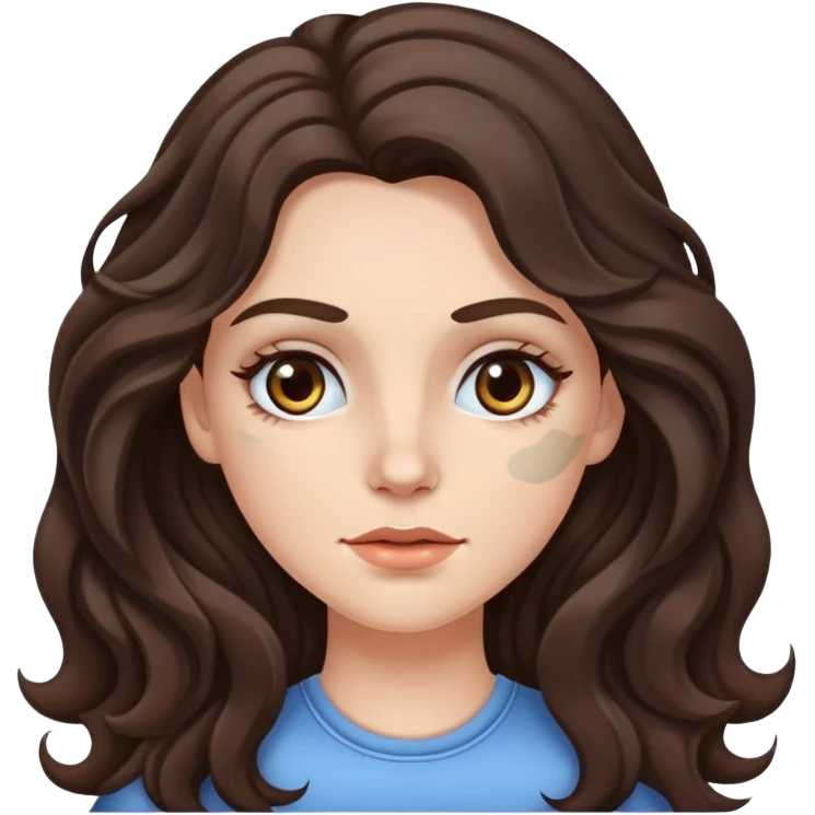 A white girl with long dark brown wavy hair and cosmetic patches under her eyes emoji