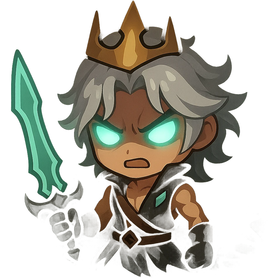 Make Viego more dramatic in chibi style, intensify his expression with glowing eyes, add swirling dark mist around him, and depict him in a more powerful pose. Keep no background (transparent). emoji