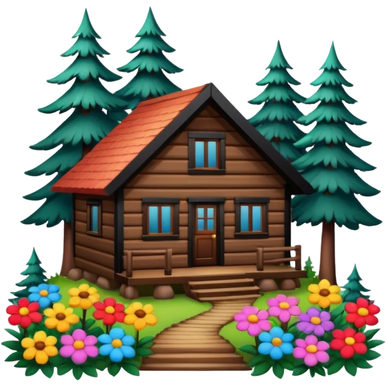 cabin in the woods, surrounded by pines, with flowers around emoji