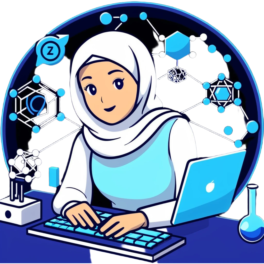 computer engineer with white hijab in blue clothes, surrounded by next-gen holographic displays showing 3D molecular structures, advanced algorithm visualizations, futuristic UI, quantum computing elements, digital brain patterns emoji