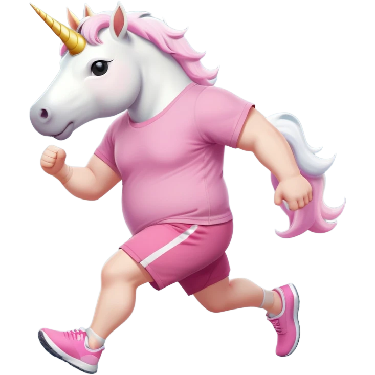friendly anthropomorphised male white unicorn with an extra chunky, very strong and stocky build, arms and legs matching the white of the head, in grey shorts and pink t-shirt, wearing dark sunglasses, jogging upright in a relaxed pose emoji