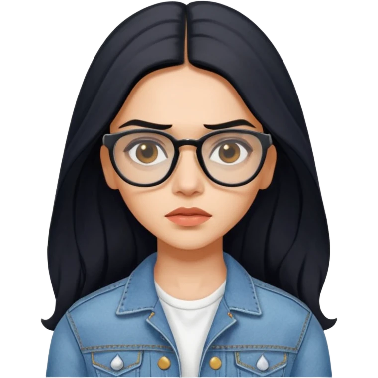 generate a pretty bratz emoji 
Make her wear a white dress with a denim jacket over it.long  black hair in a side part 

She should look exactly  like Deepika padukone! wearing tiny rectangular spectacle, looking sad emoji