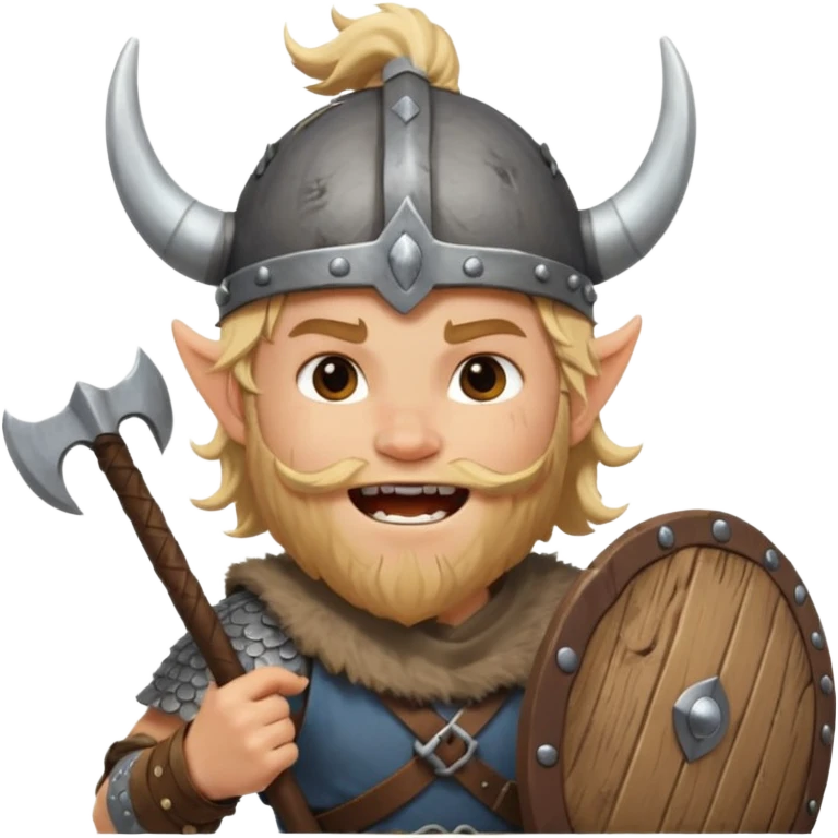 A young Viking warrior with messy hair painted cheeks, wooden shield, and fierce excited grin with horned helmet emoji